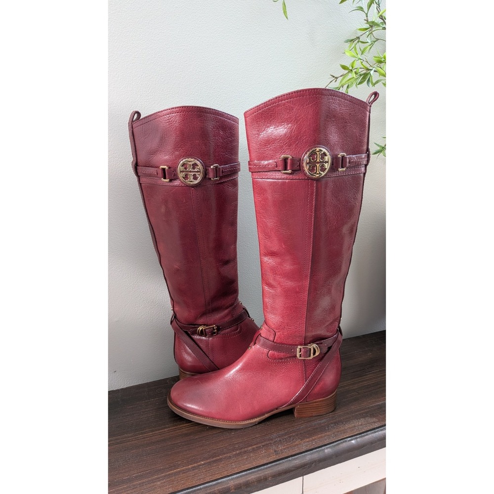 Tory Burch Calista Riding Boots Bordeaux Leather Knee High Womens 9M